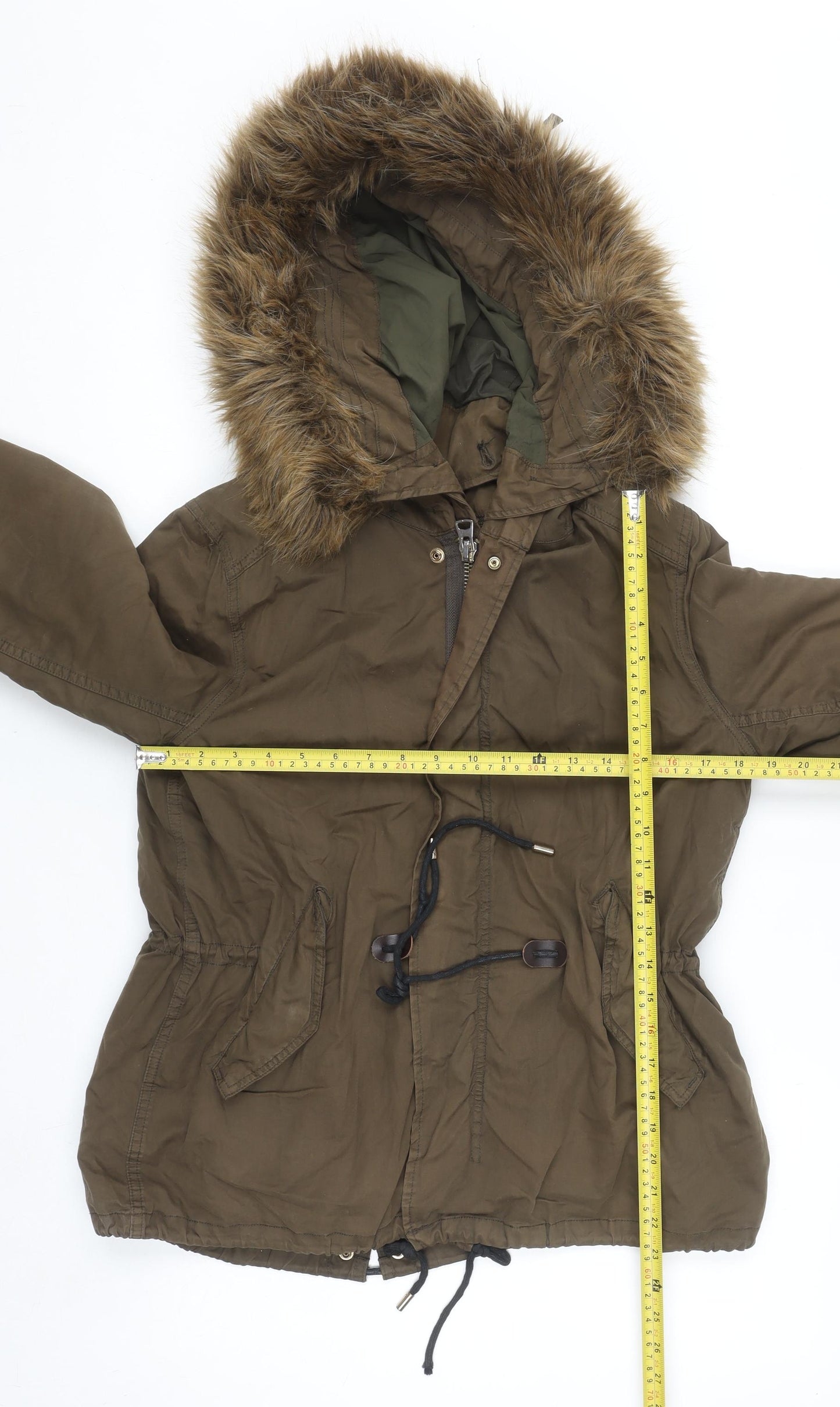 Zara Woman Khaki Green Faux Fur Hooded Parka Jacket Size 12