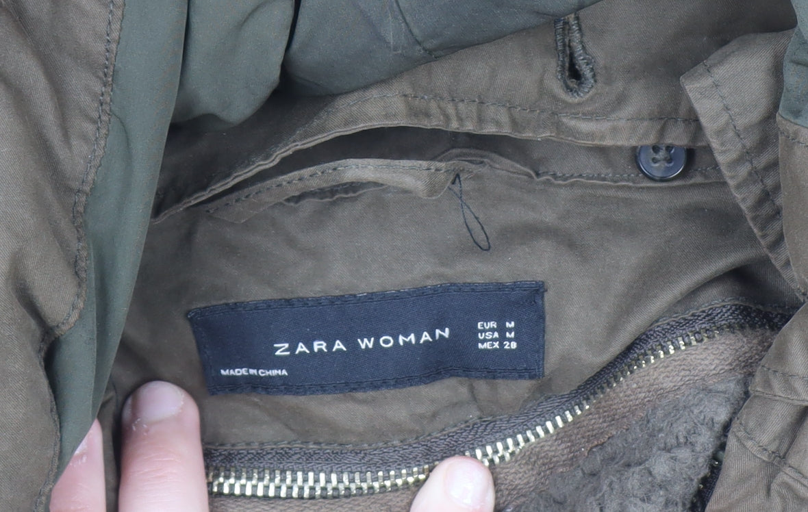 Zara Woman Khaki Green Faux Fur Hooded Parka Jacket Size 12