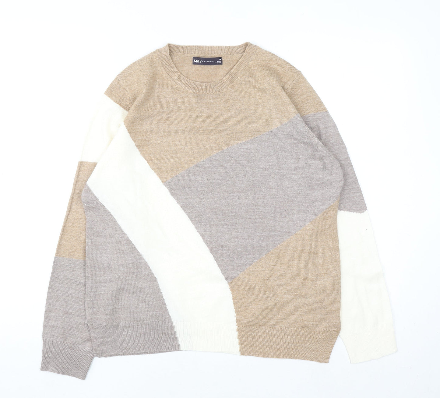 Marks and Spencer Women’s Beige Geometric Crew Neck Acrylic Jumper Size 14