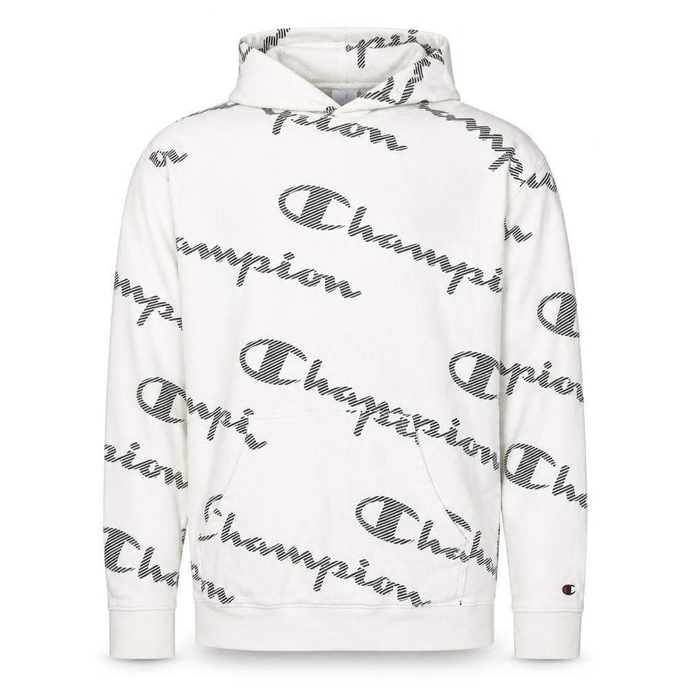 Champion Men's White XL Pullover Hoodie with All Over Logo Print