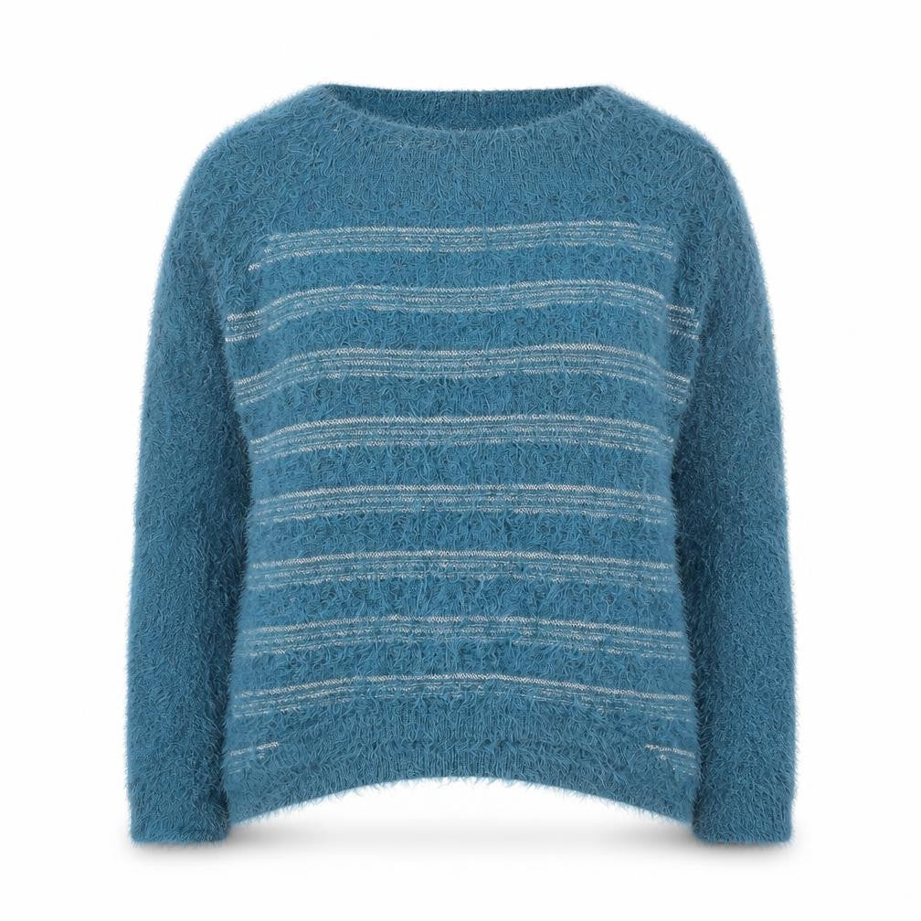 Mandi Women’s Blue Fuzzy Striped Pullover Jumper Size 14
