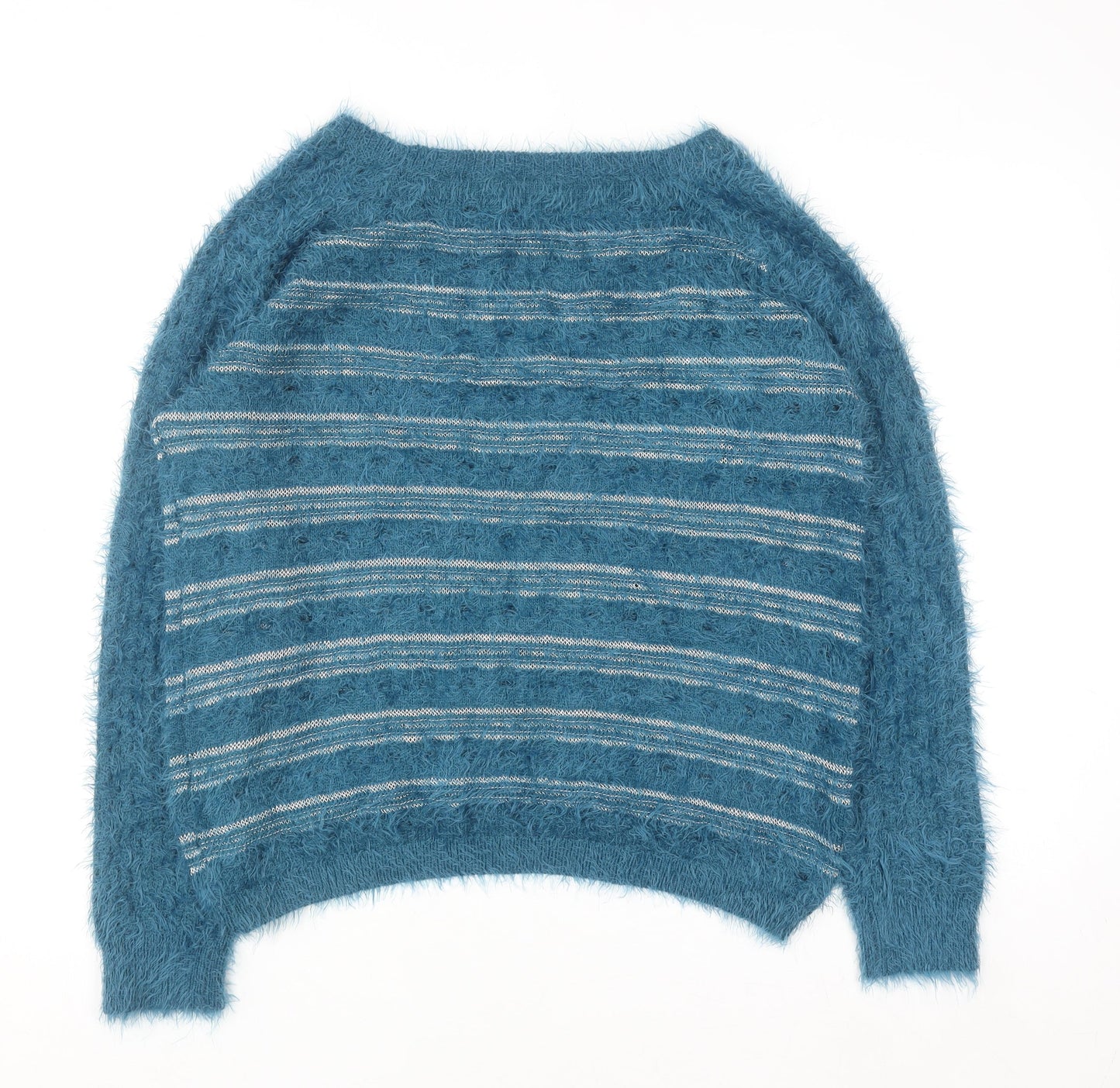 Mandi Women’s Blue Fuzzy Striped Pullover Jumper Size 14