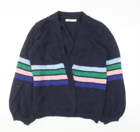 Sarte Women Blue Striped Knit Cardigan L V-Neck Mohair Blend