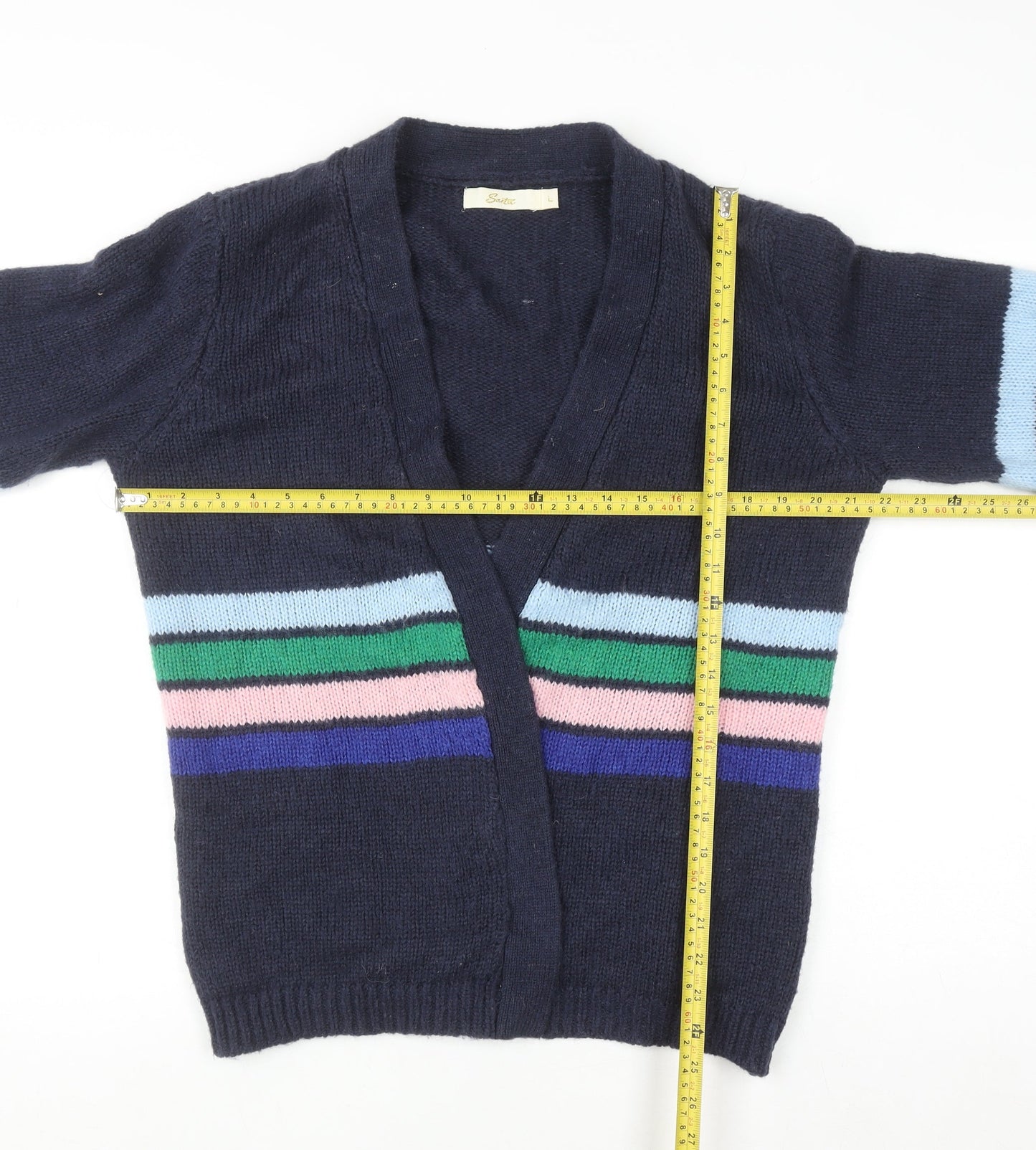 Sarte Women Blue Striped Knit Cardigan L V-Neck Mohair Blend