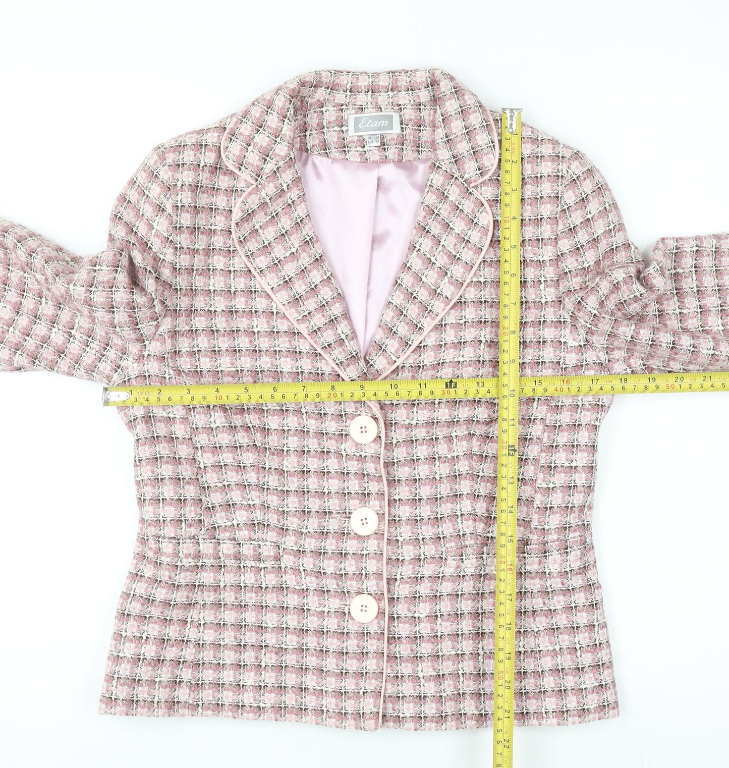 Etam Women Pink Checked Bouclé Blazer UK 10 Classic Lined Jacket