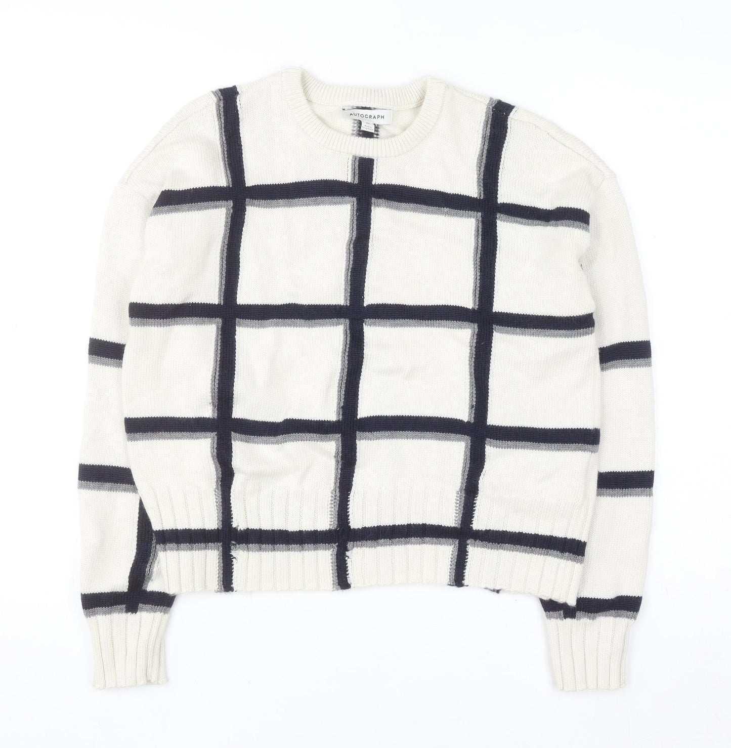 Marks and Spencer Women Ivory Check Merino Wool Crew Neck Jumper M