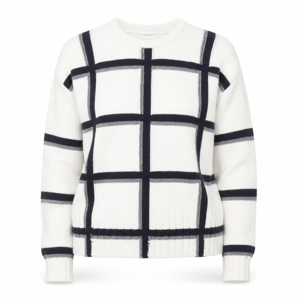 Marks & Spencer Women Ivory Check Merino Wool Crew Neck Jumper M