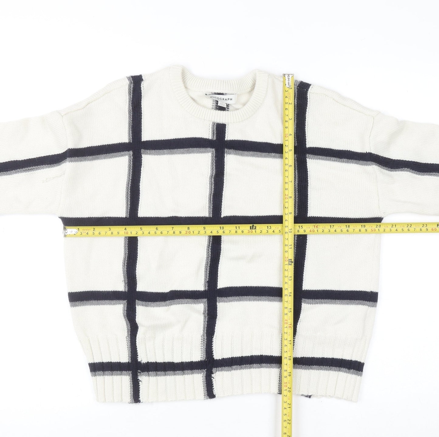 Marks and Spencer Women Ivory Check Merino Wool Crew Neck Jumper M