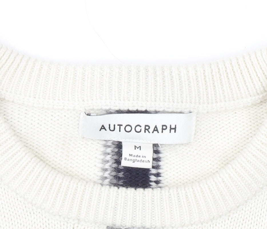 Marks and Spencer Women Ivory Check Merino Wool Crew Neck Jumper M