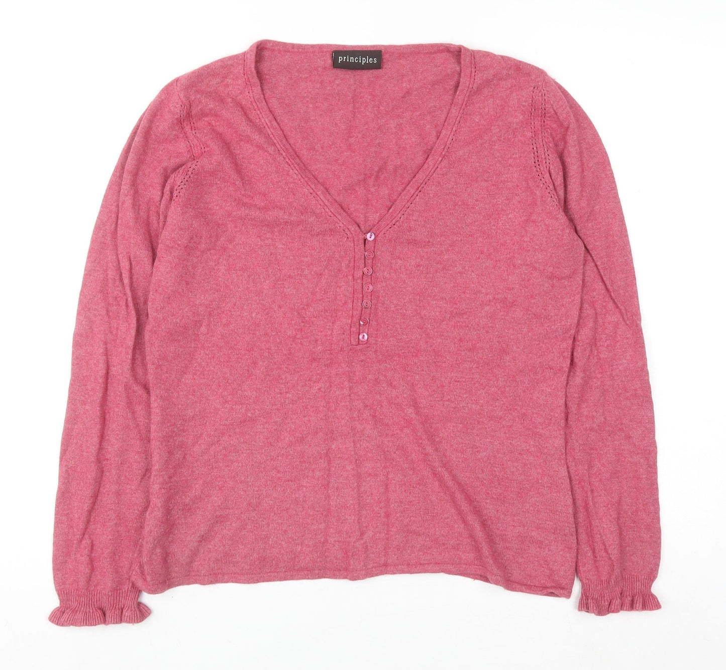 Principles Women Pink V-Neck Henley Jumper Size 16 Cotton Blend