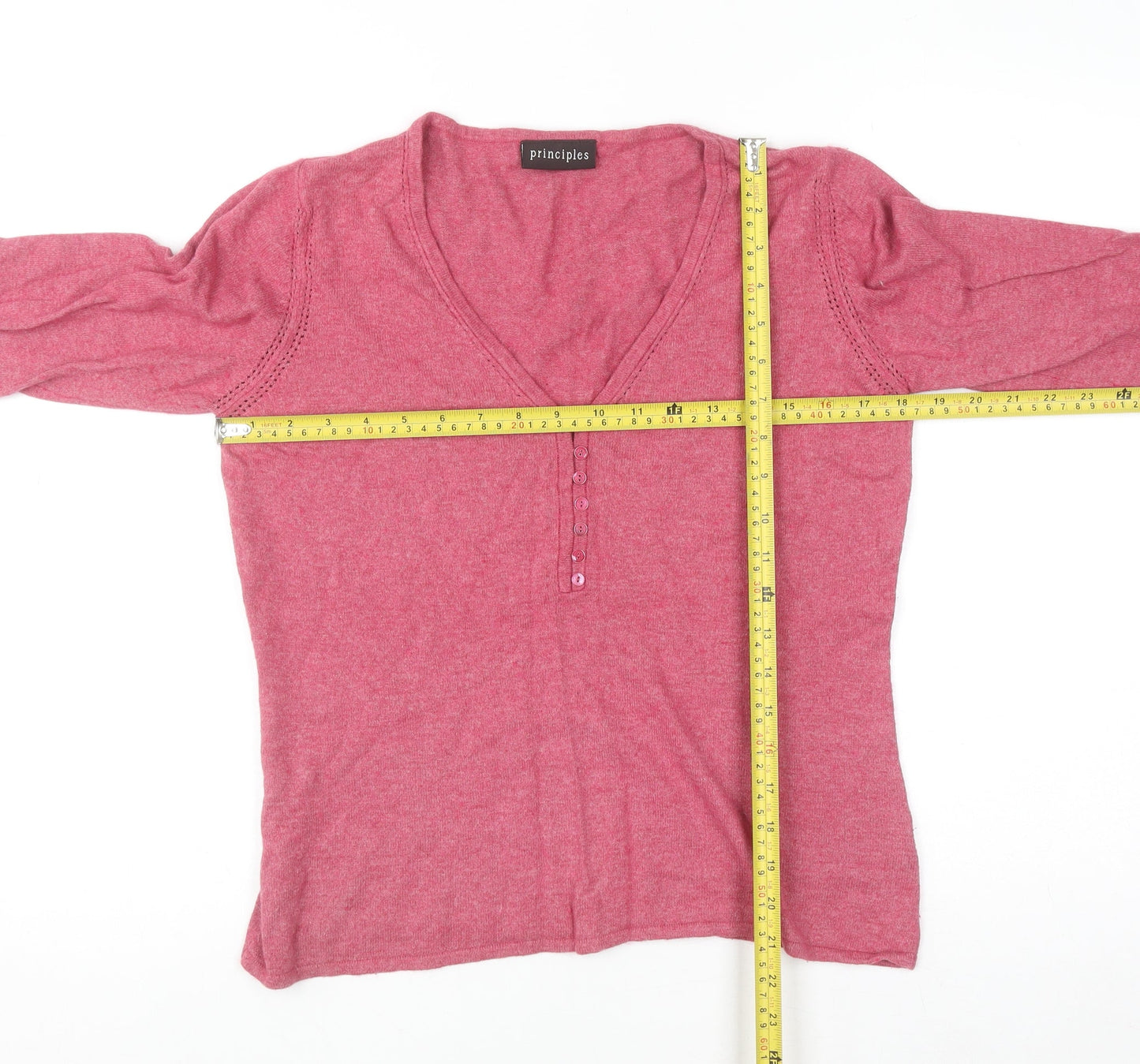 Principles Women Pink V-Neck Henley Jumper Size 16 Cotton Blend