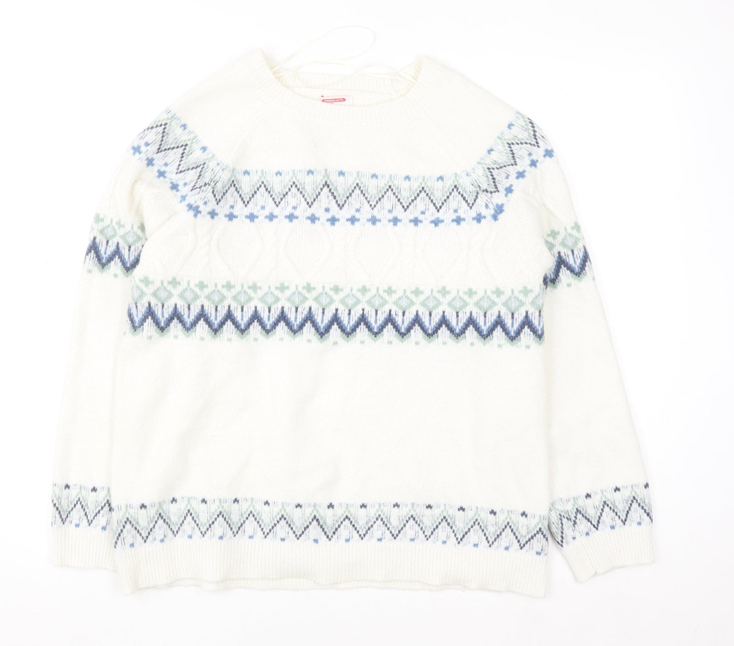 Damart Women Ivory Fair Isle Crew Neck Pullover Jumper L Wool Blend