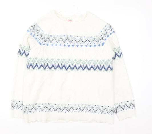 Damart Women Ivory Fair Isle Crew Neck Pullover Jumper L Wool Blend