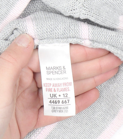 Marks & Spencer Women Grey Striped Collared Cotton Jumper Size 12