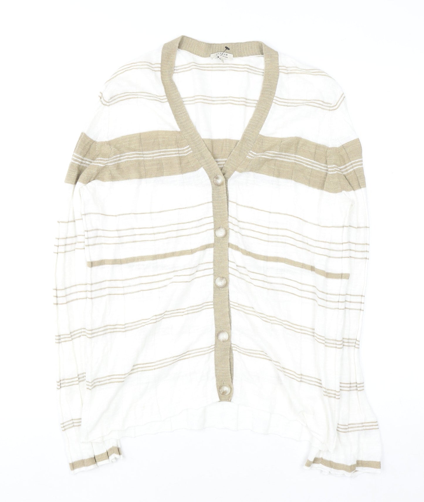 Jigsaw Women Beige Striped Linen Cotton V-Neck Button Cardigan M