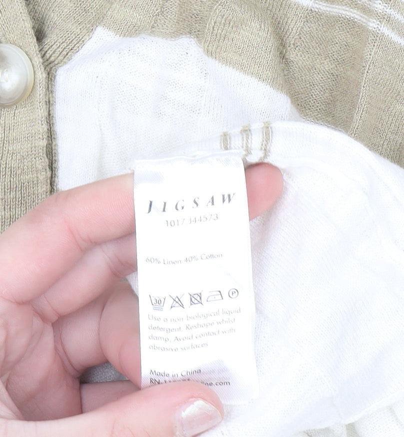 Jigsaw Women Beige Striped Linen Cotton V-Neck Button Cardigan M