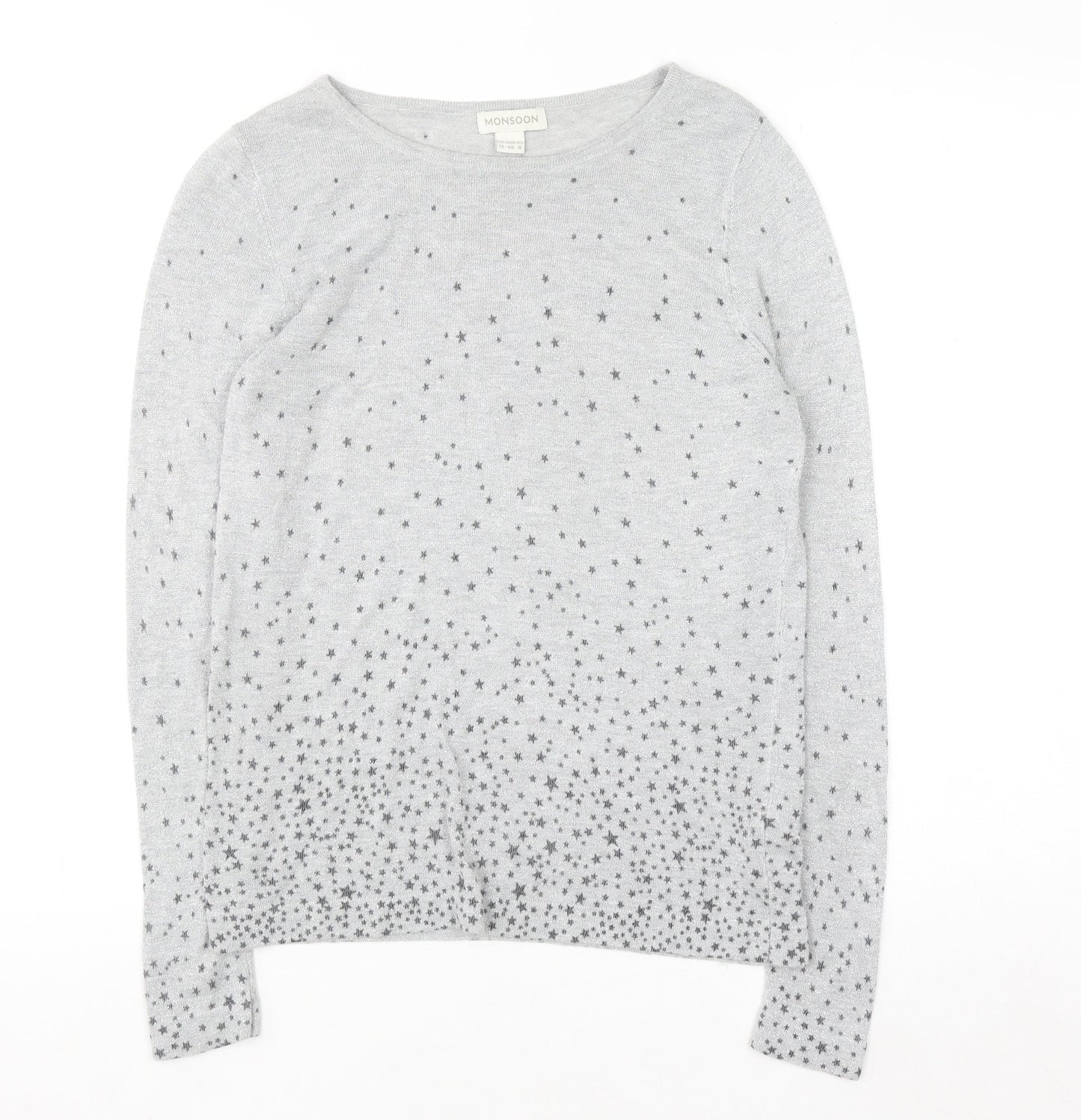 Monsoon Women Grey Star Knit Long Sleeve Crew Neck Blouse Size 12