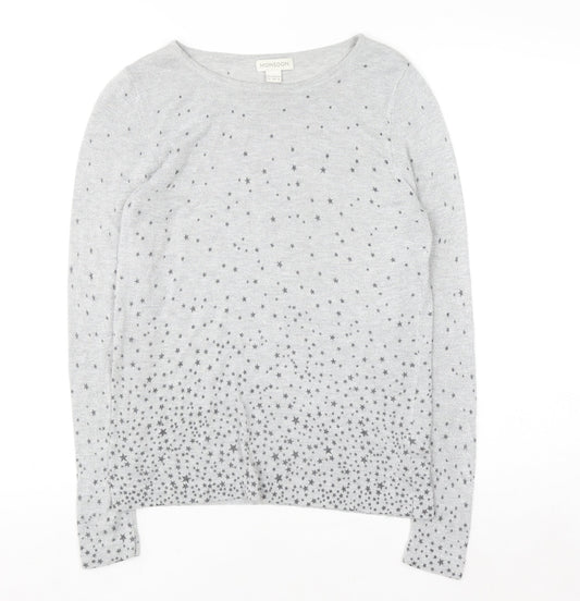 Monsoon Women Grey Star Knit Long Sleeve Crew Neck Blouse Size 12