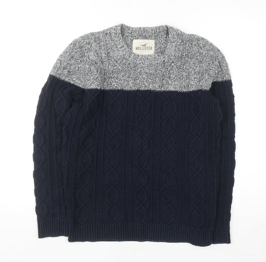 Hollister Men's Blue Cable-Knit Crew Neck Jumper Size M