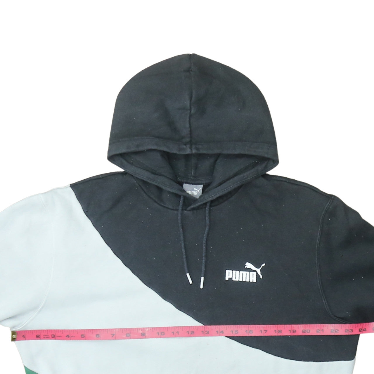 Puma Men's Black White Green Colour Block Pullover Hoodie L