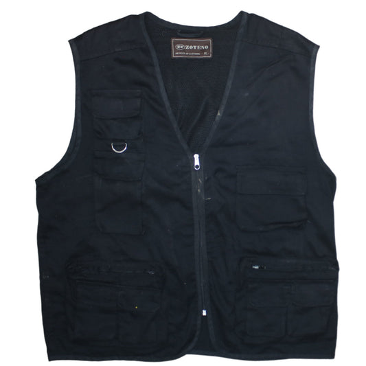 Zoteno Men's Black Cotton Utility Waistcoat XL Multi Pocket Zip