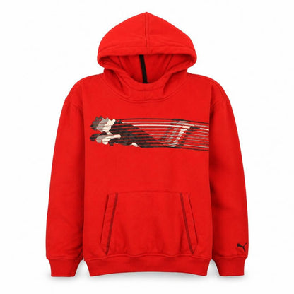 Front view of Puma boys’ red pullover hoodie medium fleece lined sportswear