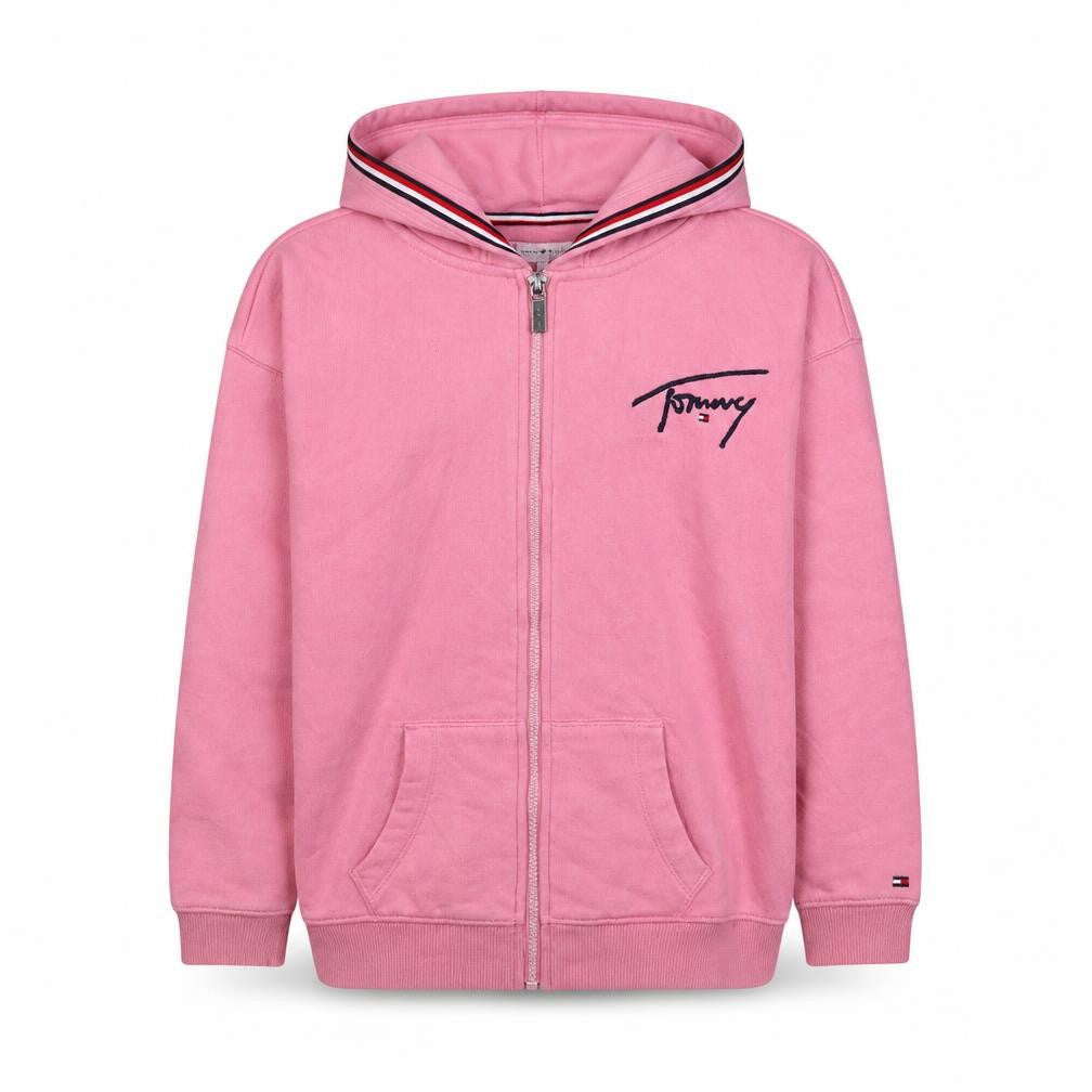 Tommy Hilfiger Girls Pink Full Zip Hoodie Size 152 Logo Cotton Blend