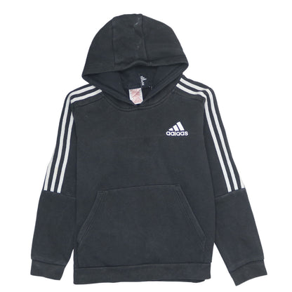 Additional front view of Adidas boys’ black 11-12 years pullover hoodie with stripe detail