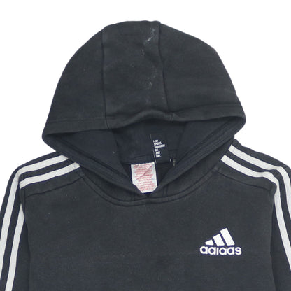 Brand and care label for Adidas boys’ black 11-12 years pullover hoodie with stripe detail