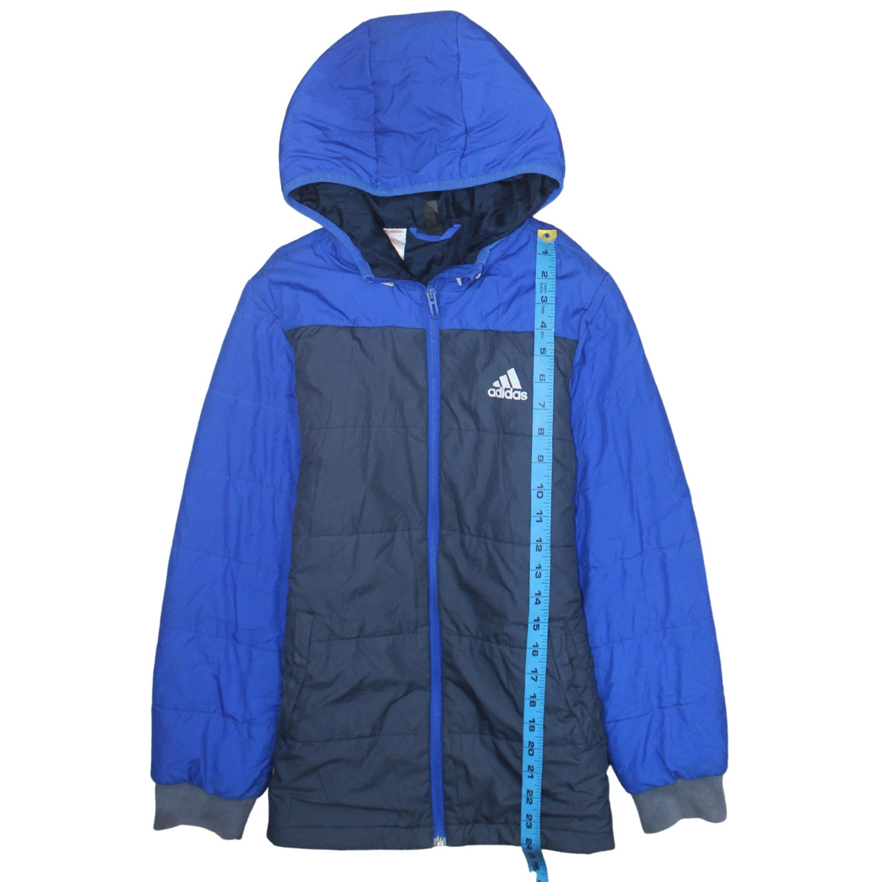 Adidas Boys Blue Hooded Puffer Jacket 11-12 Years Full Zip Lined Winter Coat