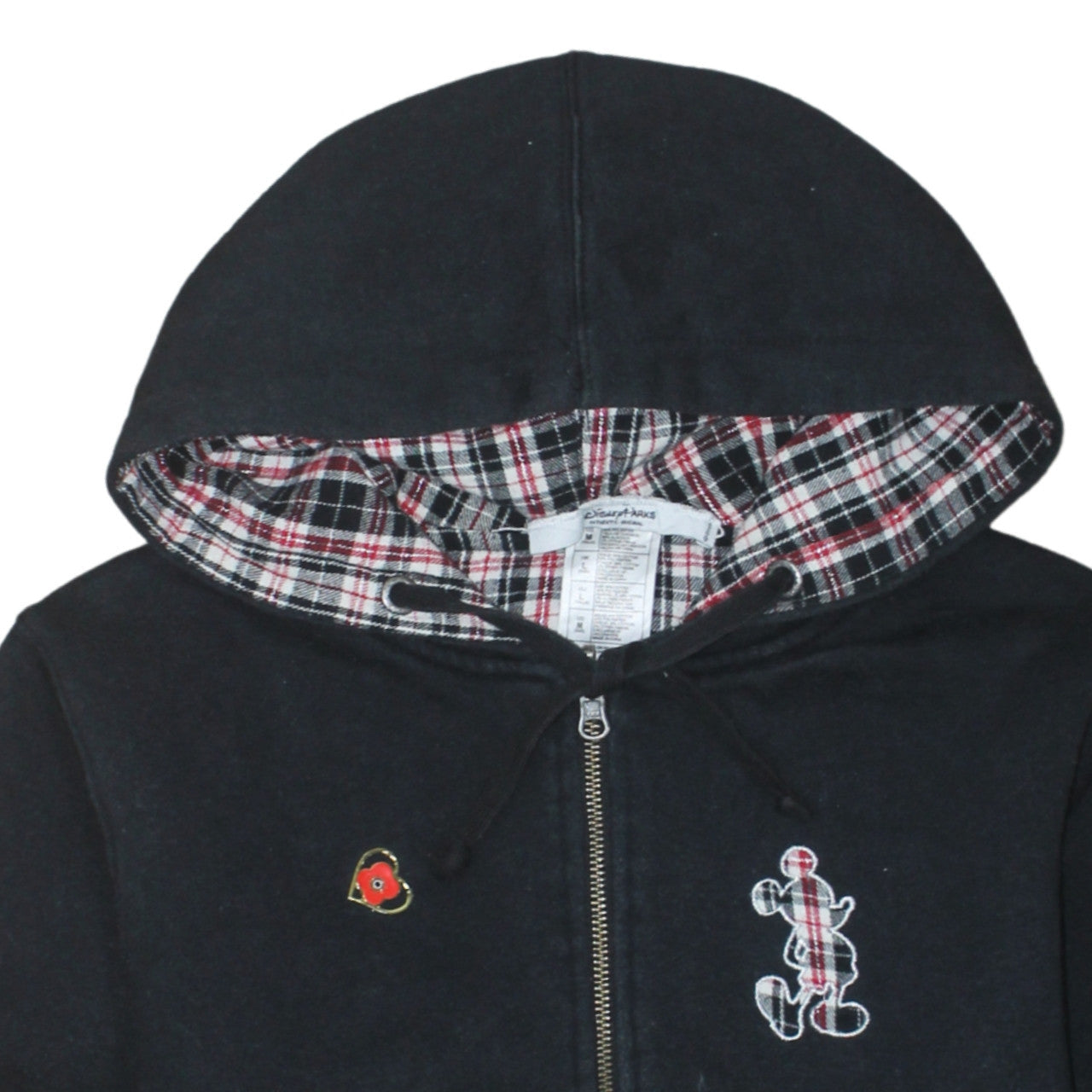 Disney Parks Women Black Full Zip Hoodie Size M Mickey Plaid Lined Sweatshirt