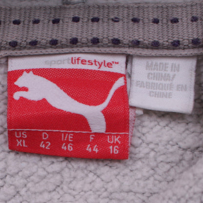 Close-up detail of Puma Women Grey Hooded Pullover Sweatshirt UK 16 Embroidered Logo
