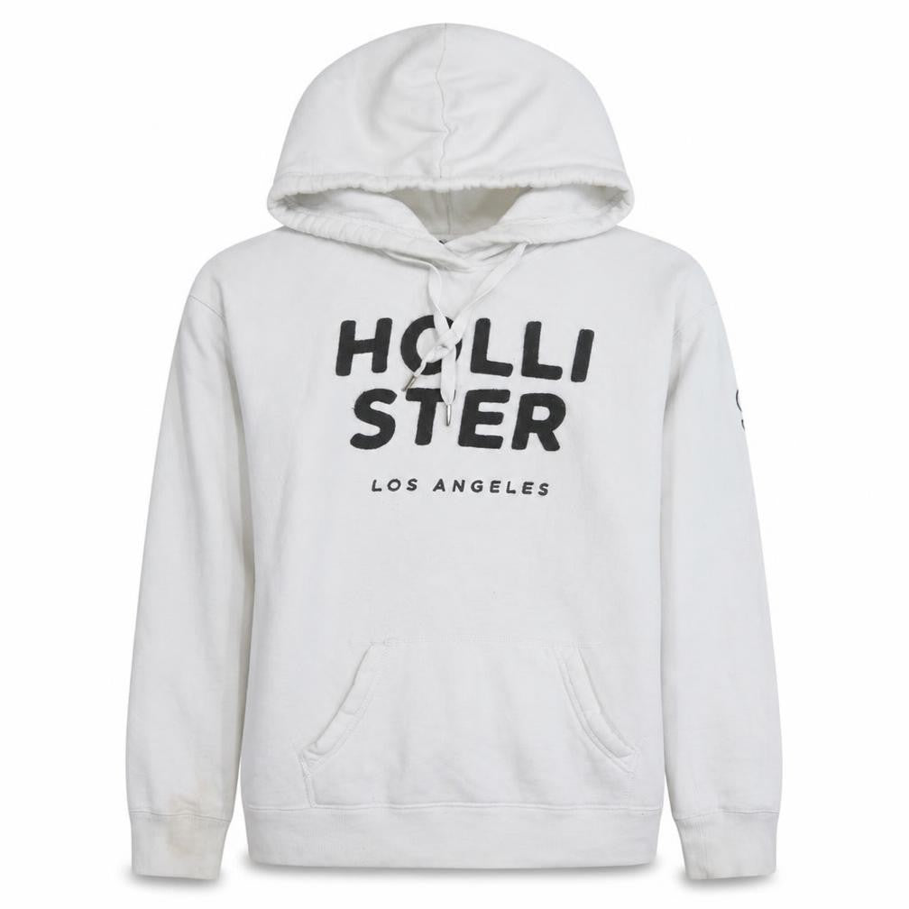 Hollister Men's White Pullover Hoodie Small Fleece Graphic Print