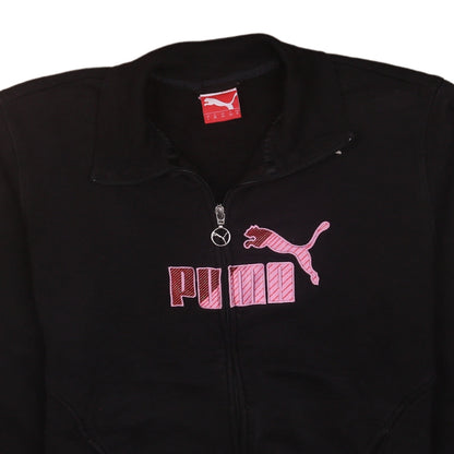 Brand and care label for Puma women’s black track jacket, size UK 14, full zip cotton blend