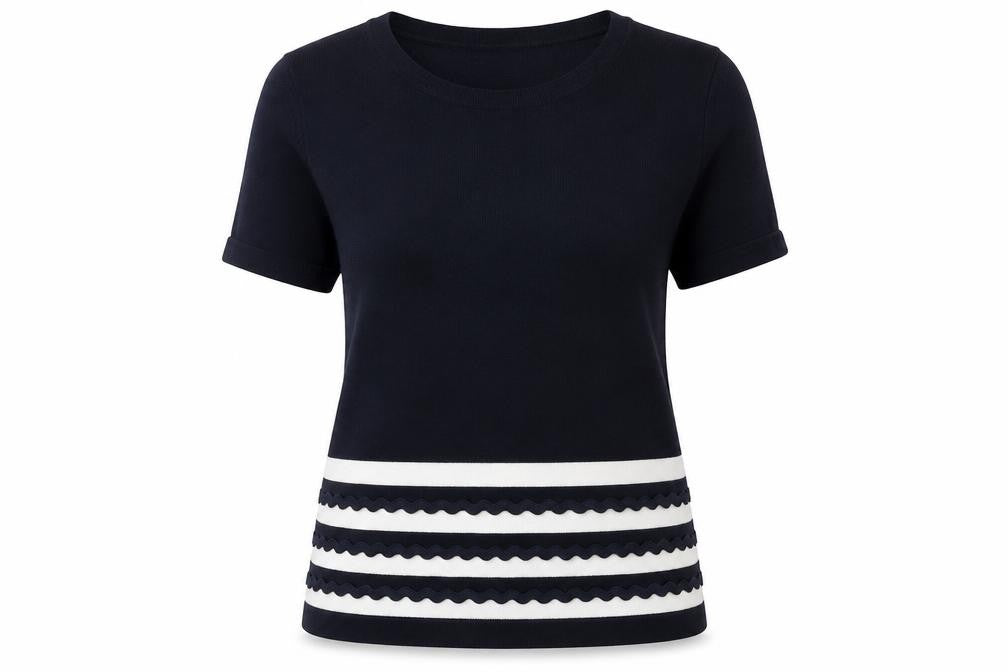 Country Casuals Women Blue White Striped Short Sleeve Knit Pullover Jumper L