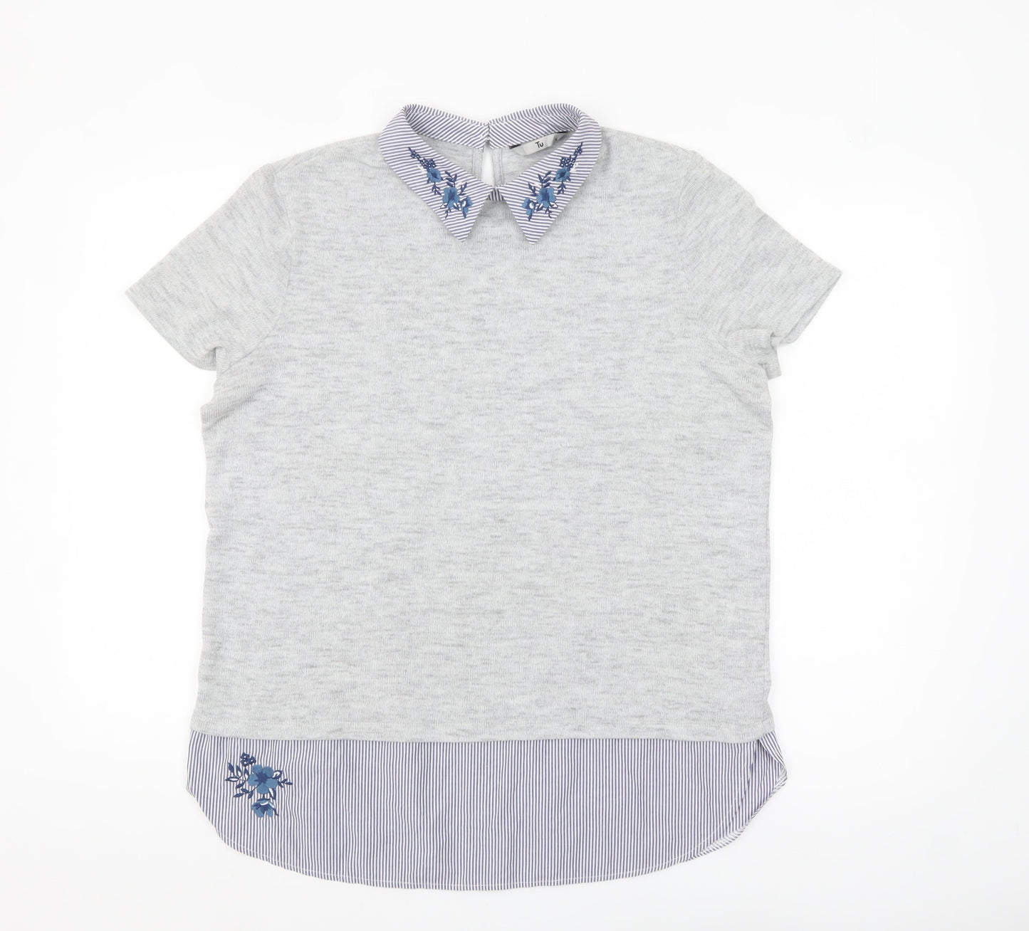 Tu Women Grey Embroidered Collared Short Sleeve Blouse Size 16
