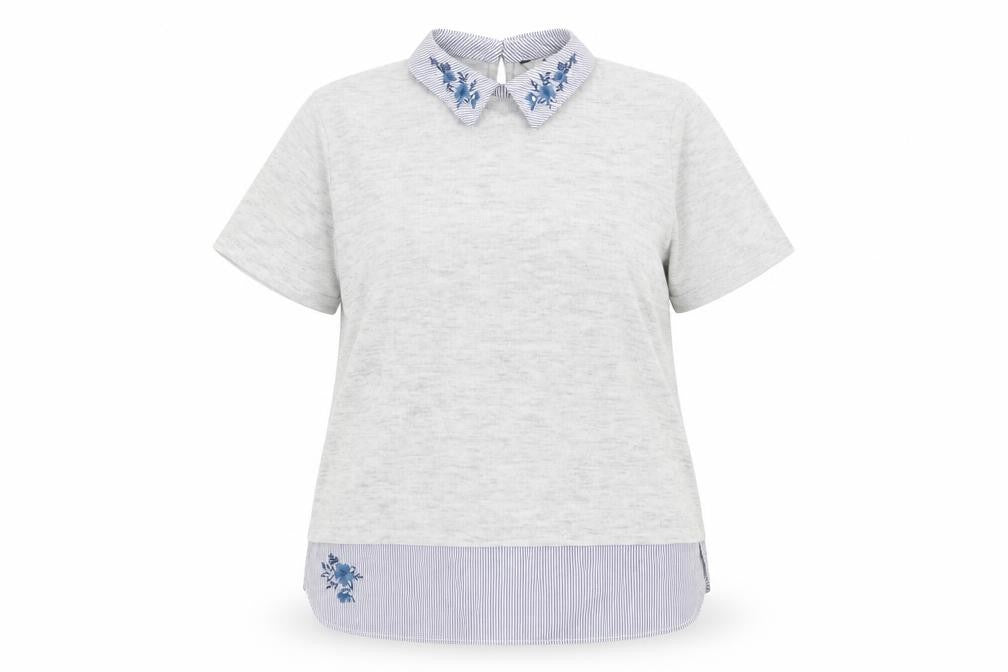 Tu Women Grey Embroidered Collared Short Sleeve Blouse Size 16
