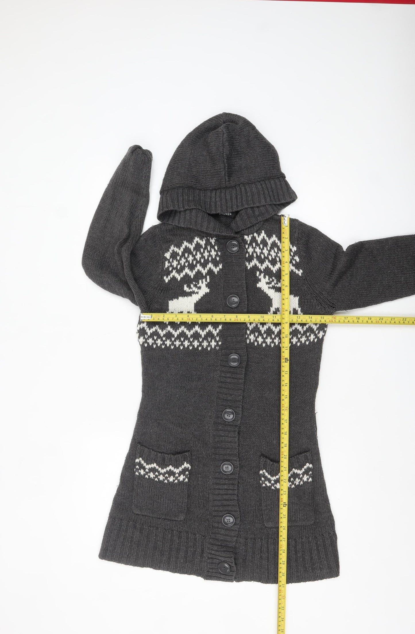 Papaya Womens Grey Fair Isle Hooded Long Cardigan Size 12