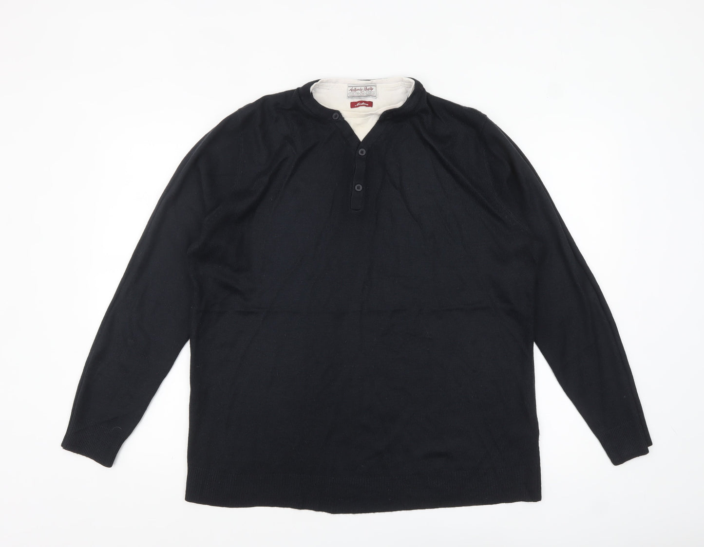 TU Men's Black Henley Knit Jumper Medium Lightweight Casual