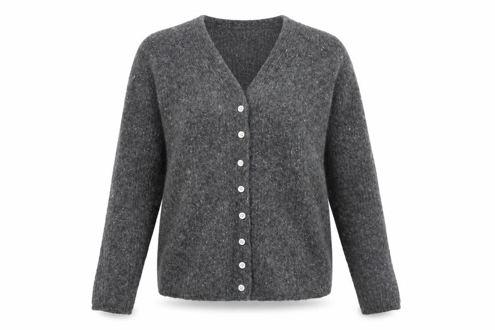 Essentials Women's Grey Angora Silk Blend V-Neck Cardigan Size 10