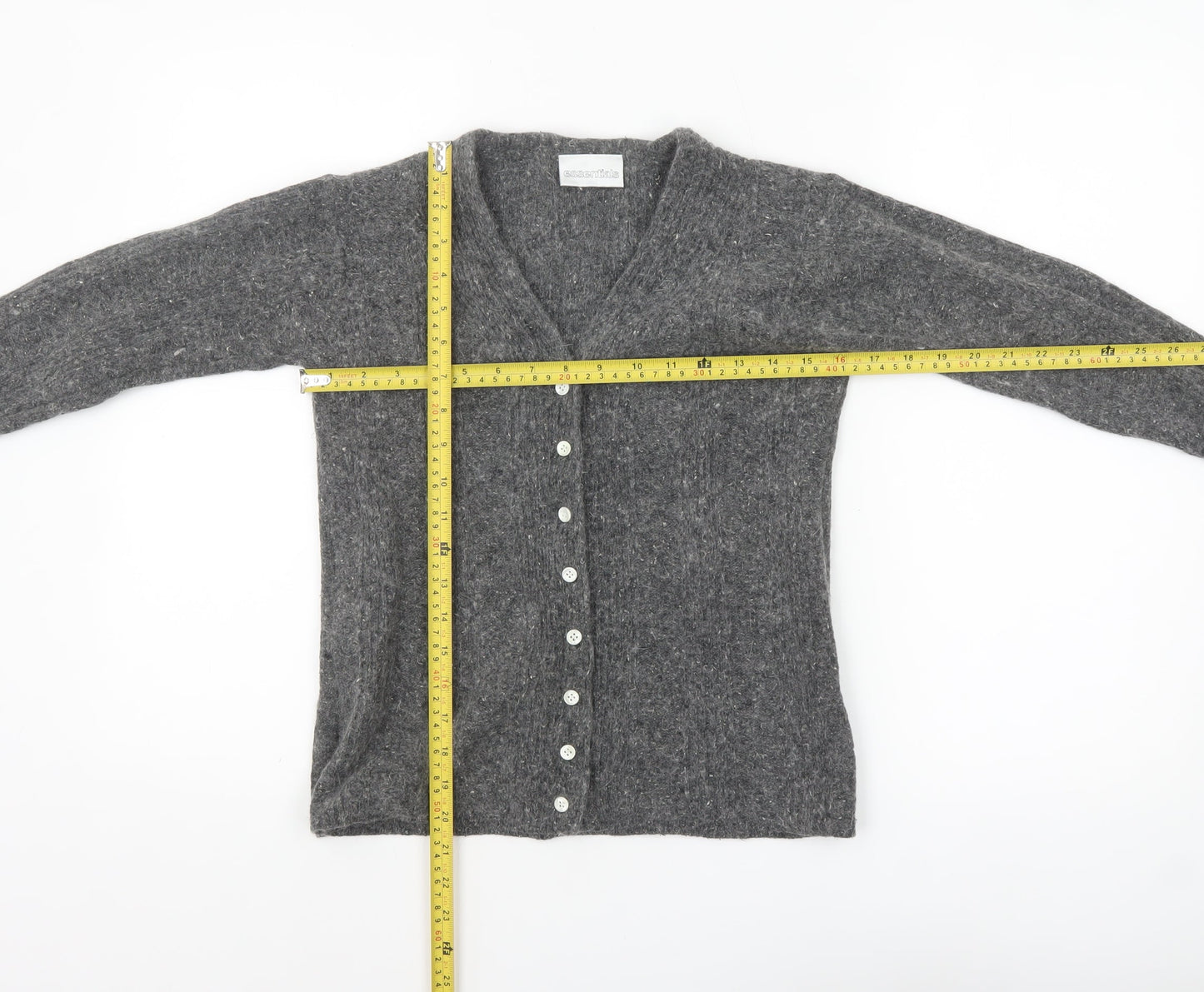 Essentials Women's Grey Angora Silk Blend V-Neck Cardigan Size 10