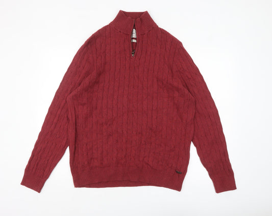 White Stuff Men's Red Cotton Cable Knit Half Zip Jumper XL