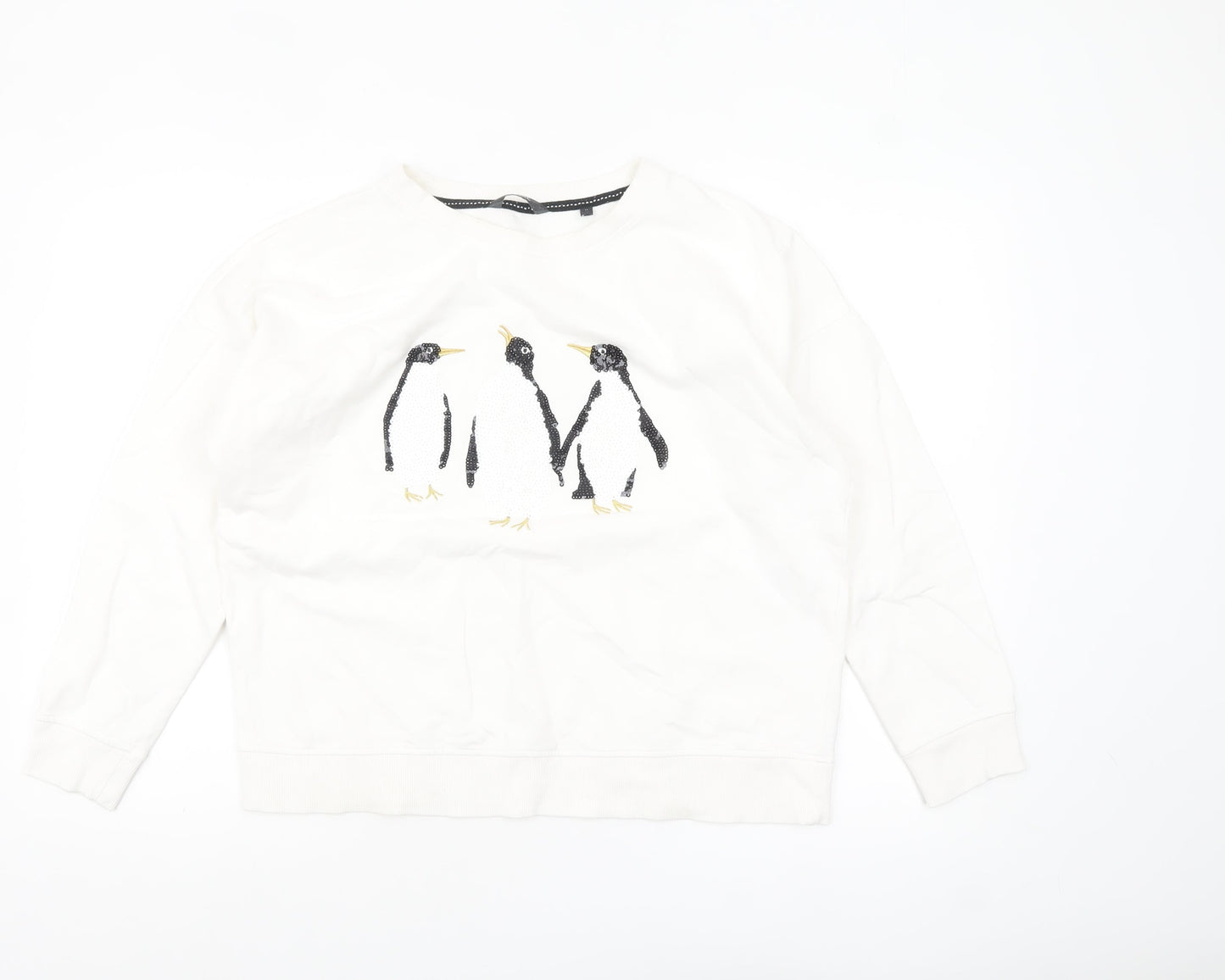 Next Women Ivory Sequin Penguin Sweatshirt Size 14 Relaxed Fit