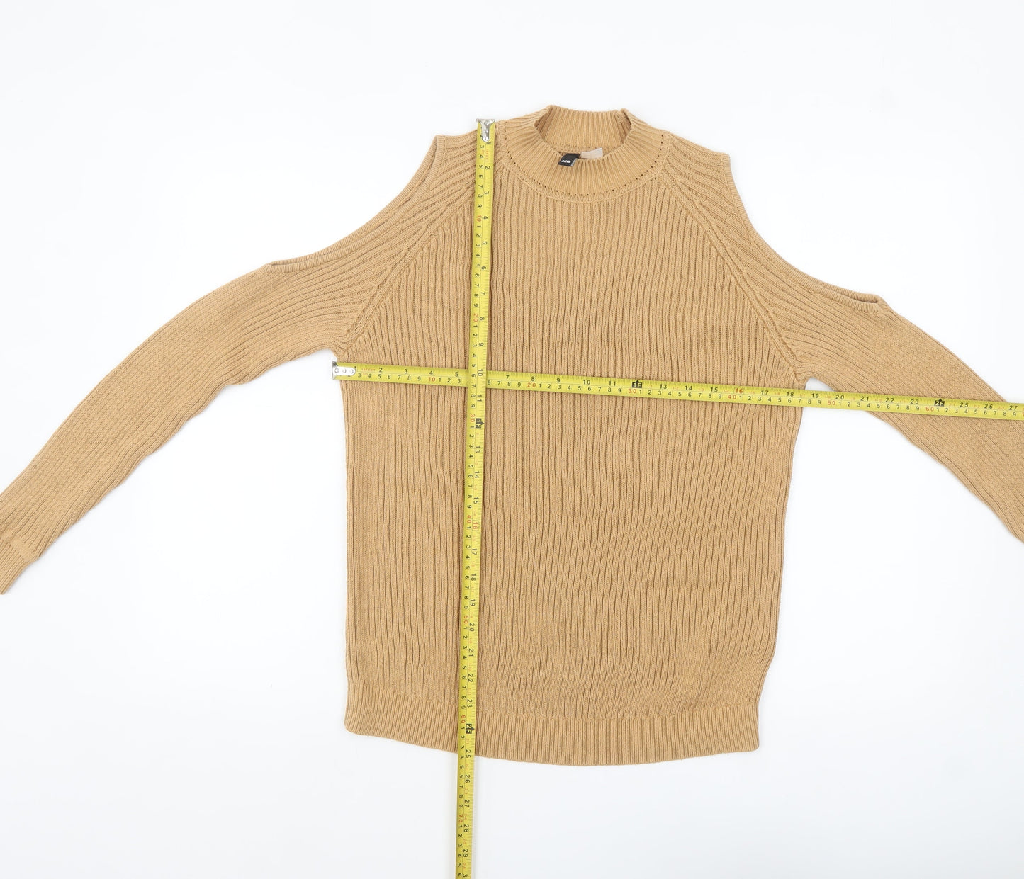 H&M Divided Women Beige XS Cold Shoulder Mock Neck Knit Jumper