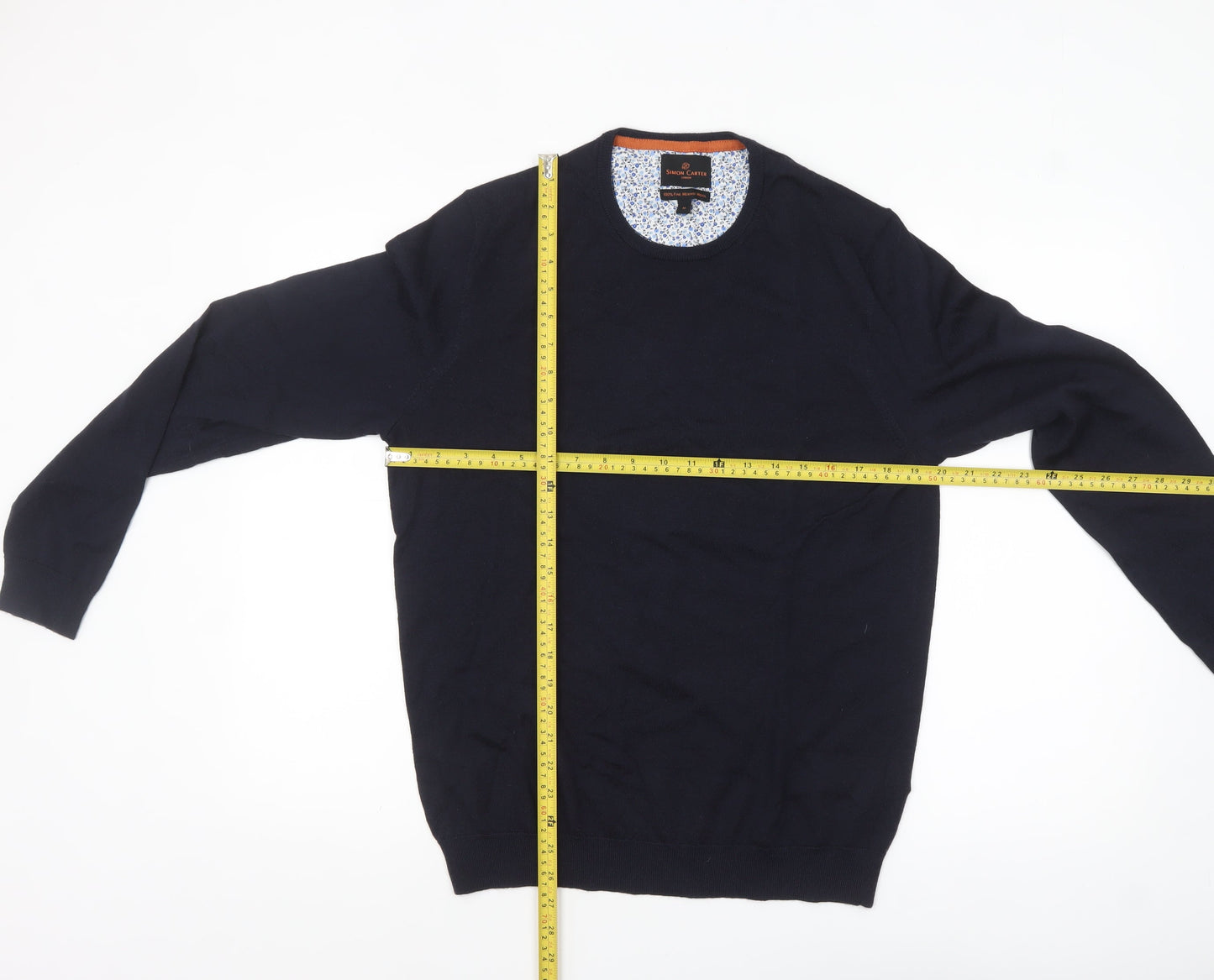 Simon Carter Men's Blue Merino Wool Crew Neck Jumper Size M