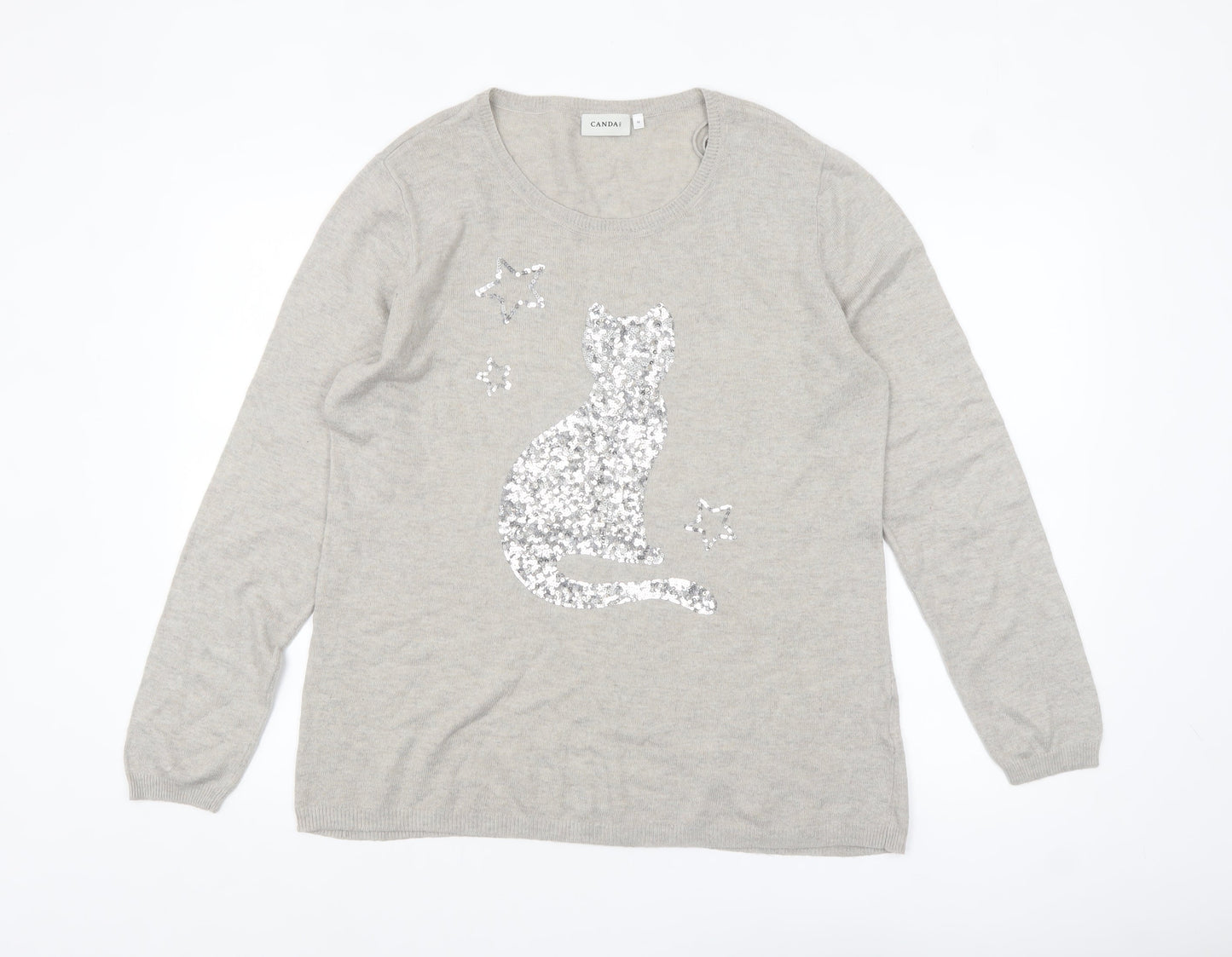 Canda Women's Beige Sequin Cat Pullover Jumper Size M