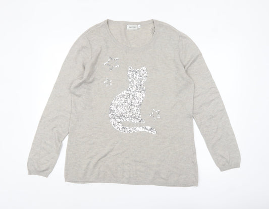 Canda Women's Beige Sequin Cat Pullover Jumper Size M