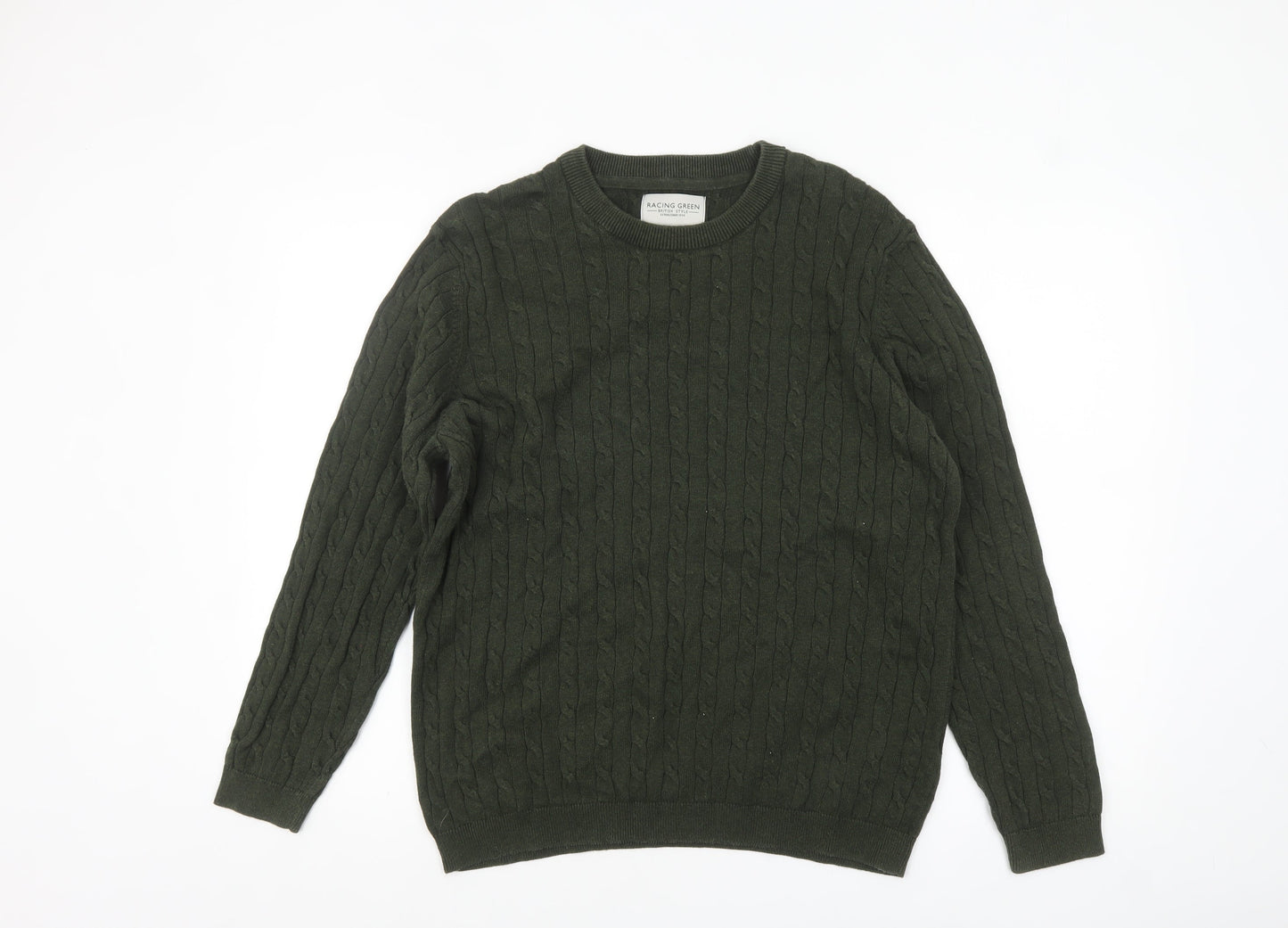 Racing Green Men’s Green Cable-Knit Cotton Jumper Size L