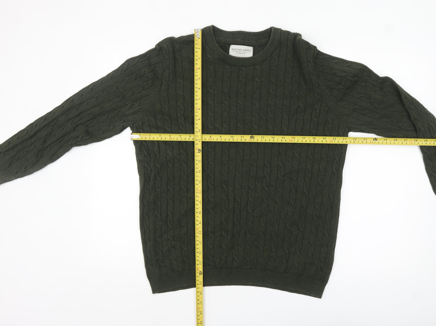 Racing Green Men’s Green Cable-Knit Cotton Jumper Size L