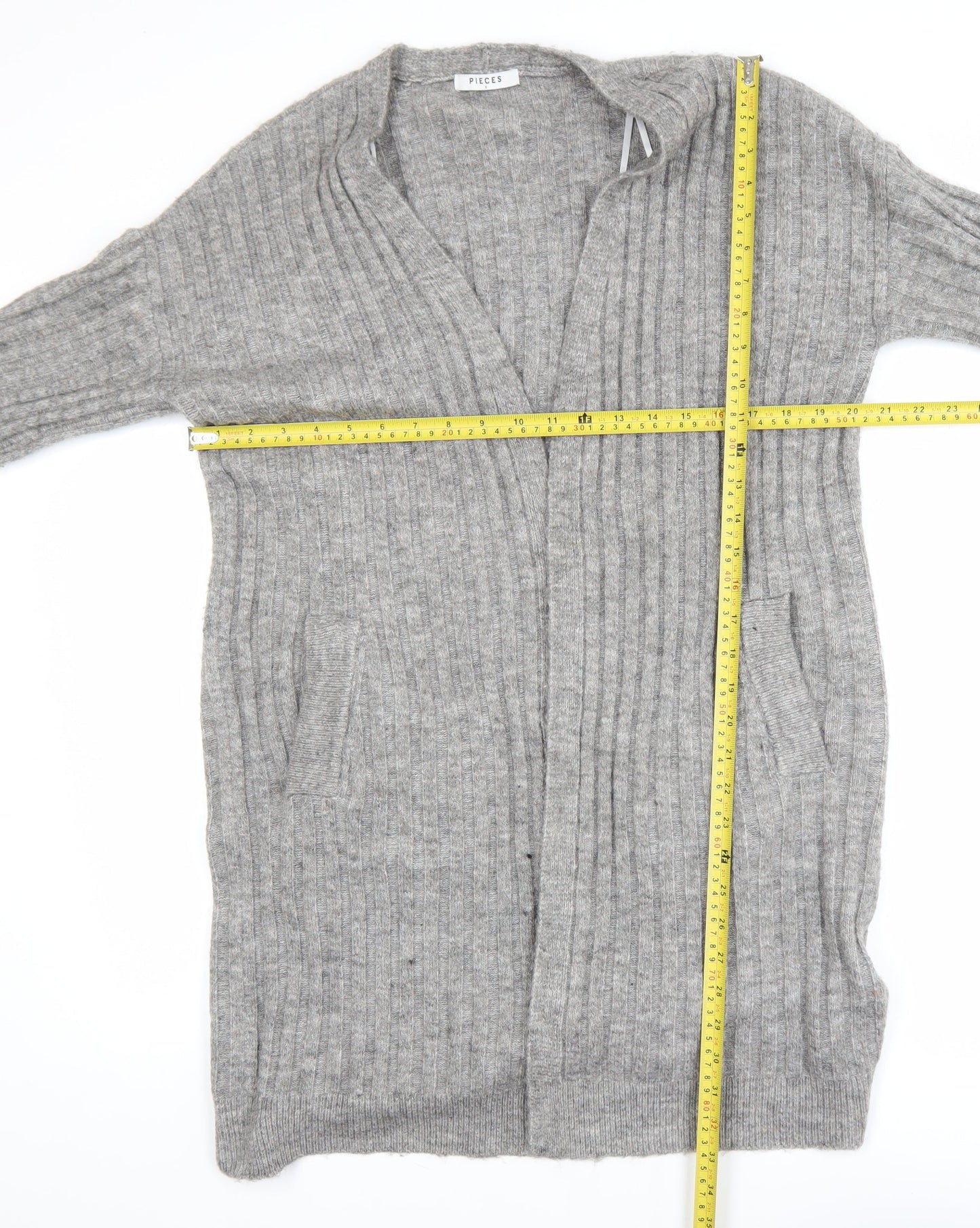 Pieces Women Grey Long Ribbed Cardigan S Open Knit Casual